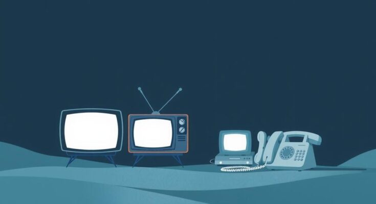 Un paysage métaphorique représentant des tensions politiques, symbolisé par des chaînes de télévision et des téléphones.