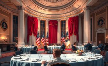 White House event with official décor, soft lighting, and patriotic symbols, showcasing political urgency and discussion.