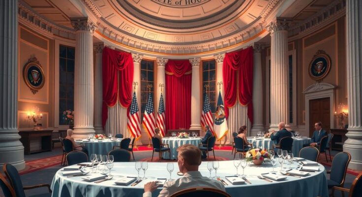 White House event with official décor, soft lighting, and patriotic symbols, showcasing political urgency and discussion.