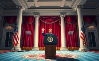 A press conference scene with a podium, American flags, and a backdrop of the White House, highlighting political victory.