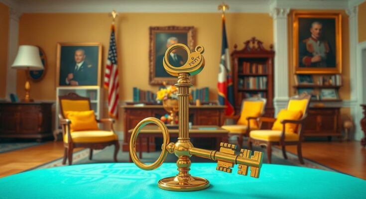 Billionaire with golden key, symbolic farewell event, political setting, bright colors, celebratory atmosphere