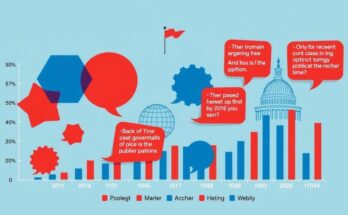 Ilustrasi simbolis kebijakan pemerintah dengan grafik diskusi publik dan warna biru dan merah.