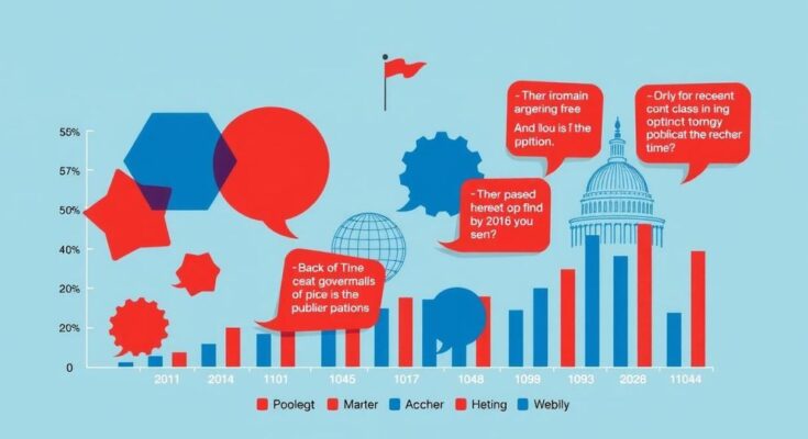 Ilustrasi simbolis kebijakan pemerintah dengan grafik diskusi publik dan warna biru dan merah.