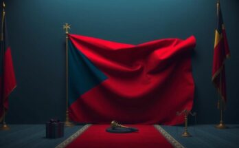 Тема политических прощений, на фоне флага и символов власти с палитрой красного и синего цвета.