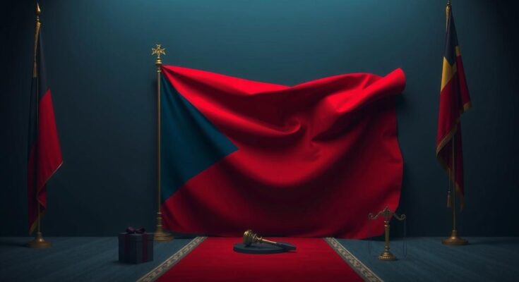Тема политических прощений, на фоне флага и символов власти с палитрой красного и синего цвета.