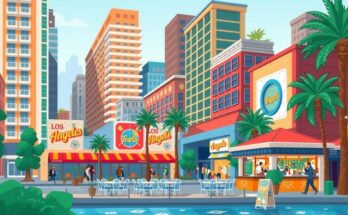 Un peisaj urban din Los Angeles, cu clădiri moderne și o scenă animată de evenimente și mâncare stradală.