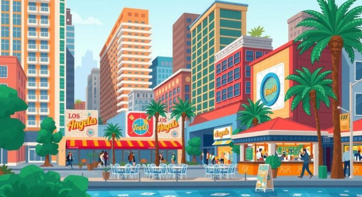 Un peisaj urban din Los Angeles, cu clădiri moderne și o scenă animată de evenimente și mâncare stradală.