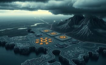 Une vue aérienne d'un site nucléaire, entouré de montagnes sous un ciel orageux, reflétant des tensions géopolitiques.
