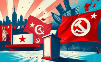 A dramatic political-themed artwork showcasing contrasting symbols of democracy and socialism, in bold colours.