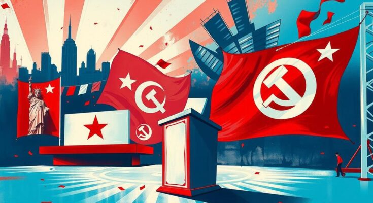 A dramatic political-themed artwork showcasing contrasting symbols of democracy and socialism, in bold colours.