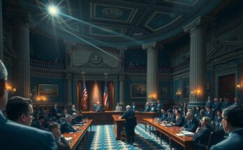 Ilustrasi rapat penting para senator dengan latar belakang Capitol Hill yang megah.