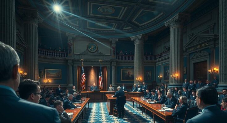 Ilustrasi rapat penting para senator dengan latar belakang Capitol Hill yang megah.