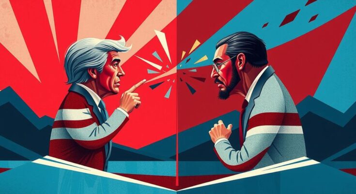 Политическая ссора между конгрессменами в ярких тонах, символизирующая напряжение и конкуренцию.