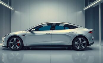 Rappresentazione dell'industria automobilistica elettrica con una Tesla in un contesto competitivo e politico carico.
