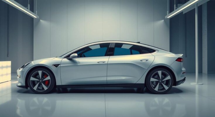 Rappresentazione dell'industria automobilistica elettrica con una Tesla in un contesto competitivo e politico carico.