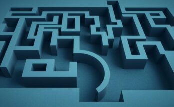 An abstract illustration of a complex maze with pathways symbolizing immigration policies, in muted blue and grey tones.