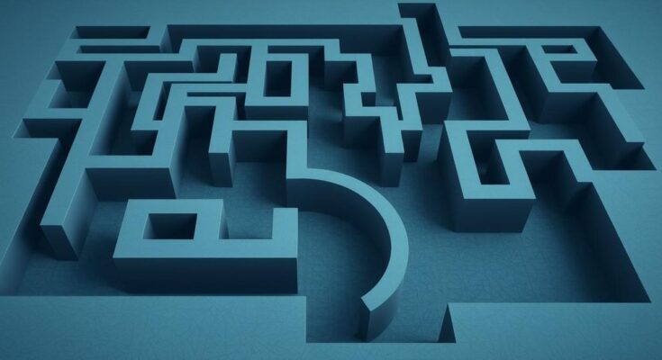 An abstract illustration of a complex maze with pathways symbolizing immigration policies, in muted blue and grey tones.