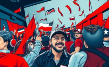 Митинг в поддержке политиков, с флагами и лозунгами, на фоне архитектуры зданий под небом.