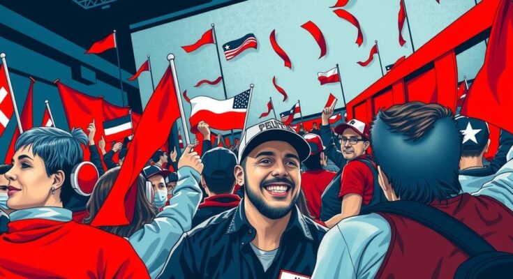Митинг в поддержке политиков, с флагами и лозунгами, на фоне архитектуры зданий под небом.
