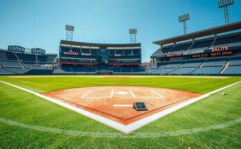 Un terrain de baseball avec des lignes blanches précises, une ambiance sportive et des tribunes vides.