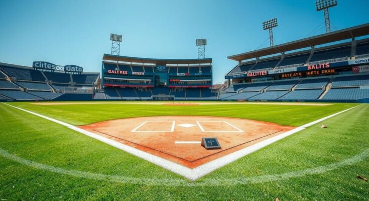 Un terrain de baseball avec des lignes blanches précises, une ambiance sportive et des tribunes vides.