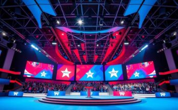 Scena del Congresso Nazionale Democratico con un palco illuminato e bandiere sullo sfondo, colori intensi e accoglienti.