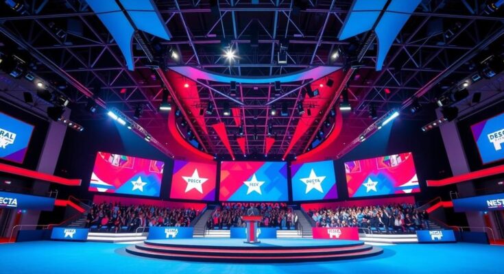 Scena del Congresso Nazionale Democratico con un palco illuminato e bandiere sullo sfondo, colori intensi e accoglienti.