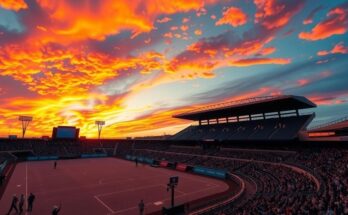 Apus vibrant peste un stadion gol, reflectând nostalgie și finalitate în peisajul politic american.