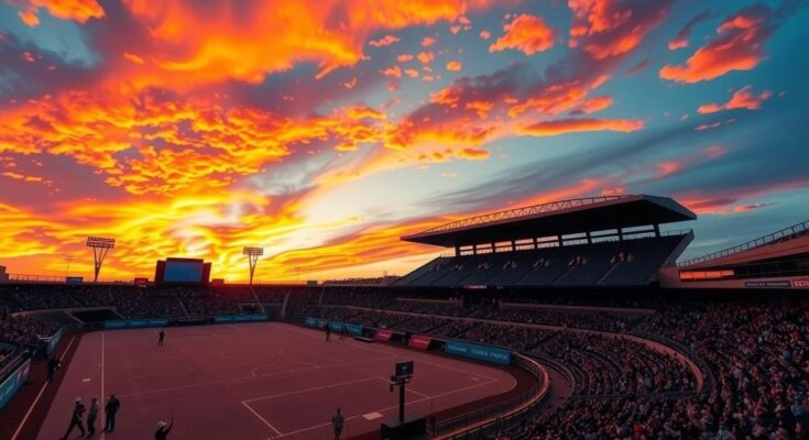 Apus vibrant peste un stadion gol, reflectând nostalgie și finalitate în peisajul politic american.
