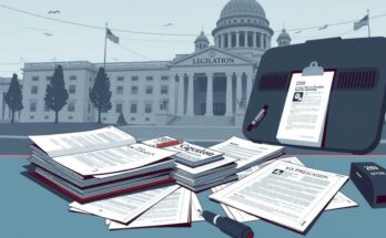 Graphique représentant des documents législatifs sur fond de bâtiment gouvernemental, symbolisant la politique aux États-Unis.