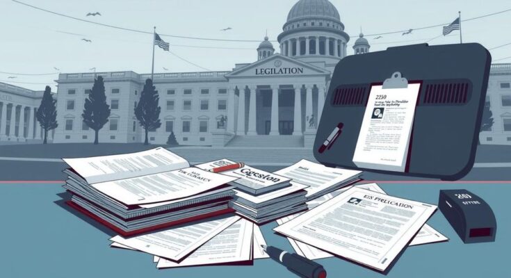 Graphique représentant des documents législatifs sur fond de bâtiment gouvernemental, symbolisant la politique aux États-Unis.