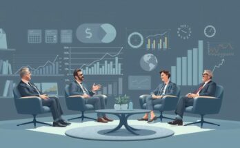 Billionaires discussing budget cuts in a stylized room filled with financial charts and graphs, in a muted color palette.