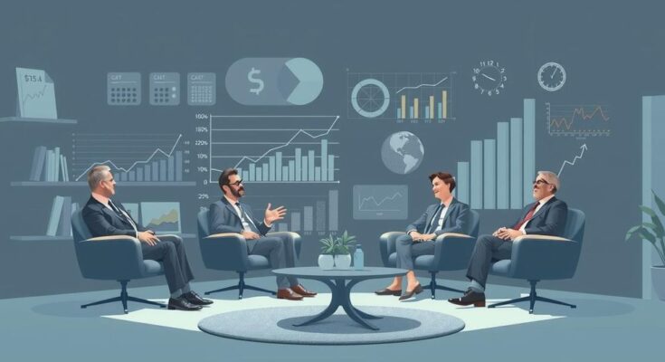 Billionaires discussing budget cuts in a stylized room filled with financial charts and graphs, in a muted color palette.