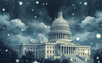 O imagine simbolica a Capitoliului din Washington, cu nori întunecați și fulgi de nea căzând, evocând o atmosferă dramatică.