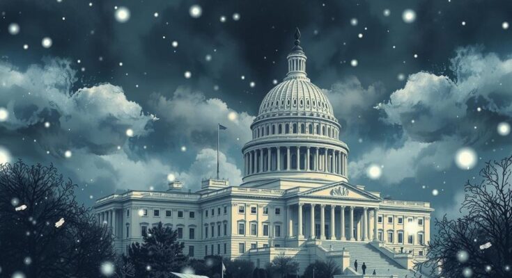 O imagine simbolica a Capitoliului din Washington, cu nori întunecați și fulgi de nea căzând, evocând o atmosferă dramatică.