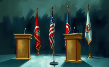 Military briefing backdrop with flags, podium, and microphones, showcasing a serious atmosphere and focus on security.