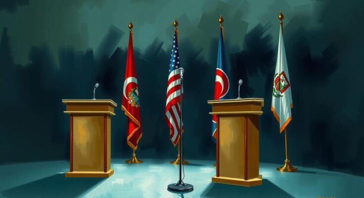 Military briefing backdrop with flags, podium, and microphones, showcasing a serious atmosphere and focus on security.