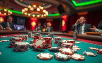 Casinò avec jetons de poker sur une table, ambiance de pari politique, lumière tamisée, couleurs riches et profondes.