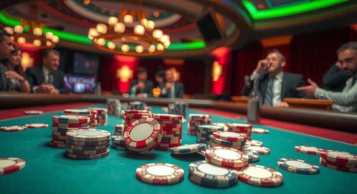 Casinò avec jetons de poker sur une table, ambiance de pari politique, lumière tamisée, couleurs riches et profondes.