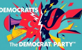 Grafica politica che rappresenta disordini interni e sfide del partito democratico con colori vivaci e stilizzazione moderna.