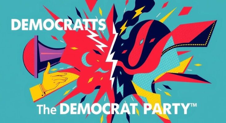 Grafica politica che rappresenta disordini interni e sfide del partito democratico con colori vivaci e stilizzazione moderna.