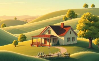 Missouri landscape with a family home surrounded by nature, representing caregivers and the struggle for health support.