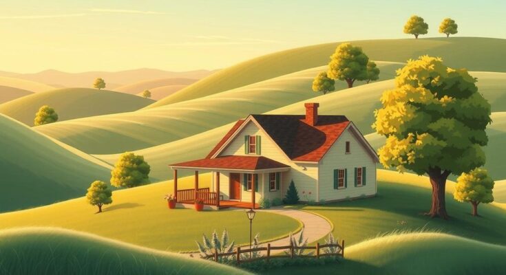 Missouri landscape with a family home surrounded by nature, representing caregivers and the struggle for health support.